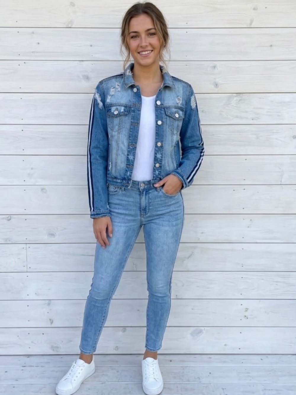 Crave Fame Distressed Bleached Blue Denim Jacket Ribbon Sleeves